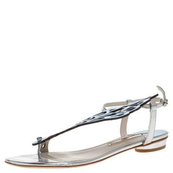 Pre Owned Sophia Webster Metallic Blue/Silver Leather Seraphina Angel Wing Flats Size 41