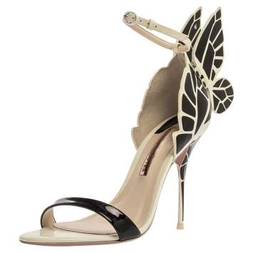 Pre Owned Sophia Webster Black/White Patent Leather and Leather Chiara Butterfly Wing Open Toe Sandals Size 39.5