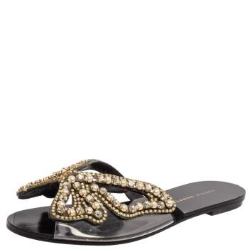 Pre Owned Sophia Webster Black Leather And PVC Madame Butterfly Flat Slide Size 36.5