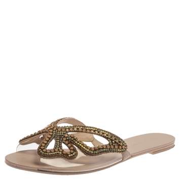 Pre Owned Sophia Webster Pale Pink PVC Madame Crystal Embellished Slide Flats Size 39.5