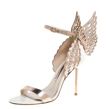Pre Owned Sophia Webster Metallic Rose Gold/White Leather Chiara Butterfly Ankle Cuff Sandals Size 36
