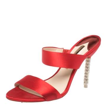 Pre Owned Sophia Webster Red Satin Crystal Embellished Heel Slide Mules Size 40