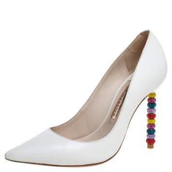 Pre Owned Sophia Webster White Leather Coco Crystal Embellished Heel Pointed Toe Pumps Size 36