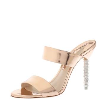 Pre Owned Sophia Webster Rose Gold Foil Leather Crystal Embellished Heel Slide Mules Size 39