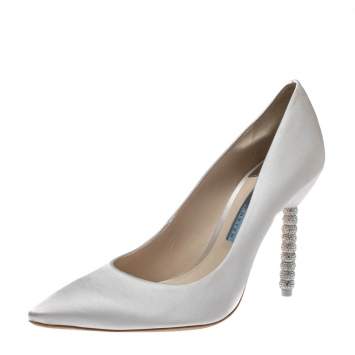 Pre Owned Sophia Webster White Ivory Satin Coco Crystal Embellished Heel Pumps Size 40