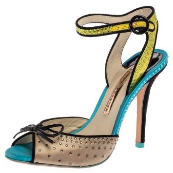 Pre Owned Sophia Webster Multicolor Satin Crystal Embellished Bow Peep Toe Sandals Size 37