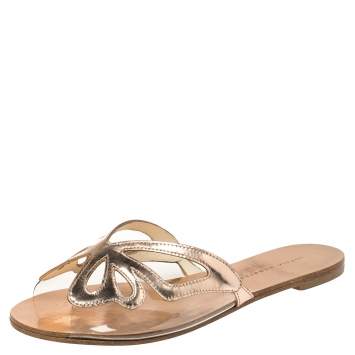 Pre Owned Sophia Webster Metallic Rose Gold Leather And PVC Madame Butterfly Flat Slides Size 37