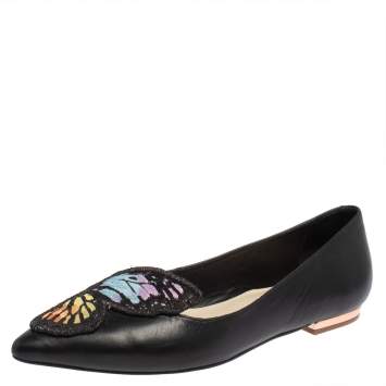 Pre Owned Sophia Webster Black Leather Bibi Butterfly Ballet Flats Size 37