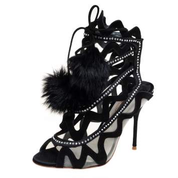 Pre Owned Sophia Webster Black Suede And Mesh Crystal Embellished Mila Sandals Size 38.5