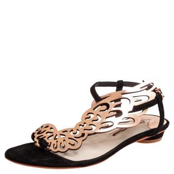 Pre Owned Sophia Webster Gold/Black Patent Leather And Suede Bibi Butterfly Flat Sandals Size 38