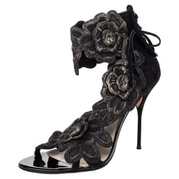 Pre Owned Sophia Webster Black Lace And Suede Winona Floral Embroidered Ankle Cuff Sandals Size 41