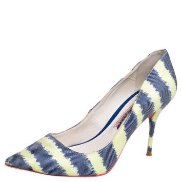 Pre Owned Sophia Webster Green/Blue Striped Denim Pointed Toe Pumps Size 38.5