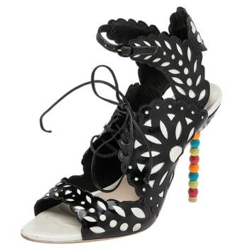 Pre Owned Sophia Webster Black/White Patent Leather and Leather Cutout Sandals Size 39.5