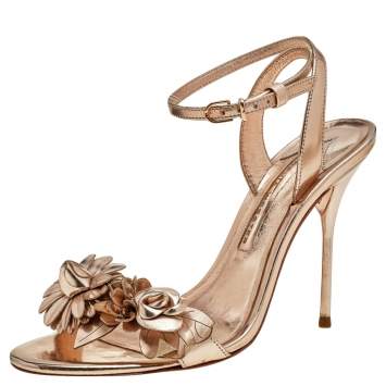 Pre Owned Sophia Webster Metallic Gold Leather Lilico Floral Embellished Slingback Sandals Size 38