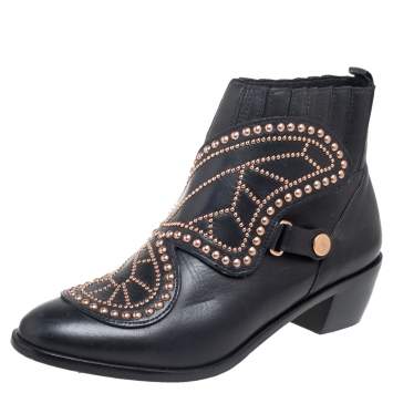 Pre Owned Sophia Webster Black Leather Karina Butterfly Studded Ankle Boots Size 37