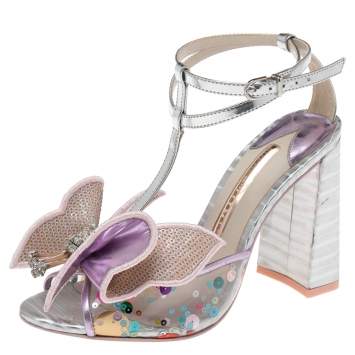 Pre Owned Sophia Webster Purple/Silver PVC and Leather Lana Butterfly Applique Block Heel Sandals Size 37