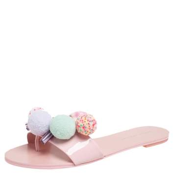 Pre Owned Sophia Webster Blush Pink Patent Leather Jada Pom Pom Flat Slide Sandals Size 39