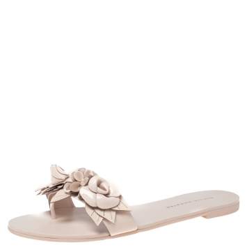 Pre Owned Sophia Webster Beige Patent Leather Lilico Flower Embellished Flat Slides Size 37