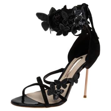 Pre Owned Sophia Webster Black  Suede And Patent Floral Embroidered Ankle Strap Sandals Size 39