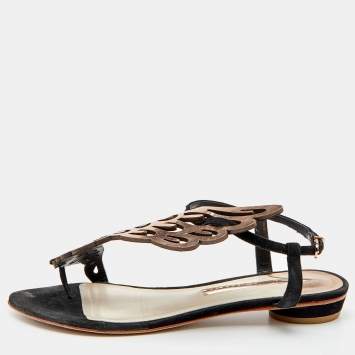Pre Owned Sophia Webster Metallic Rose Gold/Black Leather and Suede Seraphina Angel Wing Flat Sandals Size 39.5
