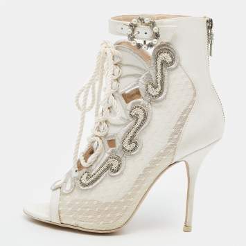 Pre Owned Sophia Webster White Satin And Lace Selina Booties Size 39