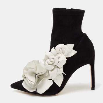 Pre Owned Sophia Webster Black Suede Jumbo Lilico Floral Applique Ankle Boots Size 36.5