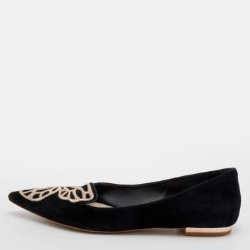 Pre Owned Sophia Webster Black Embroidered Suede Bibi Butterfly Pointed Toe Ballet Flats Size 39.5
