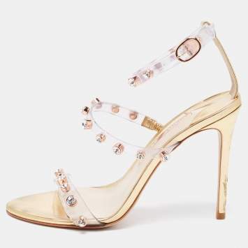 Pre Owned Sophia Webster Metallic Gold PVC And Leather Rosalind Crystal Embellished Ankle Strap Sandals Size 39.5