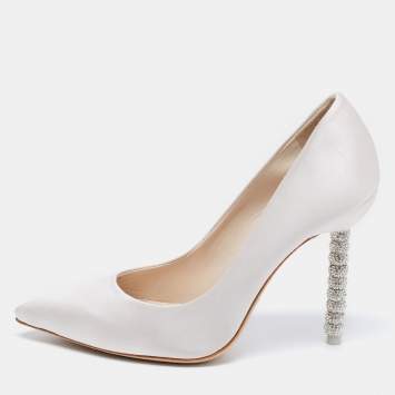 Pre Owned Sophia Webster White Satin Coco Crystal Embellished Heel Pumps Size 35