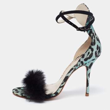 Pre Owned Sophia Webster Multicolor Leopard Print Jacquard and Fur-trimmed Sandals Size 38.5