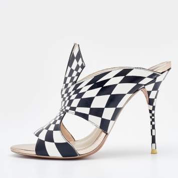 Pre Owned Sophia Webster White/Black Check Print Leather Slide Sandals Size 39