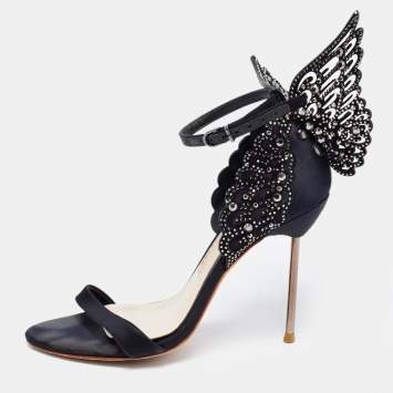 Pre Owned Sophia Webster Black Satin Crystal Embellished Evangeline Sandals Size 37
