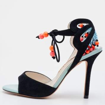 Pre Owned Sophia Webster Black Suede Embellished Ankle Tie Sandals Size 36