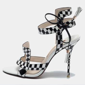 Pre Owned Sophia Webster White/Black Checkered Leather Poppy Sandals Size 39