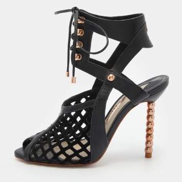 Pre Owned Sophia Webster Black Suede and Leather Jetta Ankle Tie Up Peep Toe Sandals Size 36.5