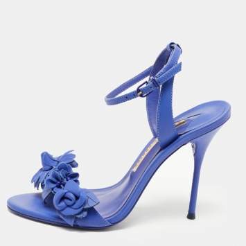 Pre Owned Sophia Webster Blue Leather Lilico Floral Embellished Ankle Wrap Sandals Size 37