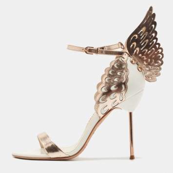 Pre Owned Sophia Webster Rose Gold/White Leather Evangeline Laser Cut Angel Wing Ankle Strap Sandals Size 38.5