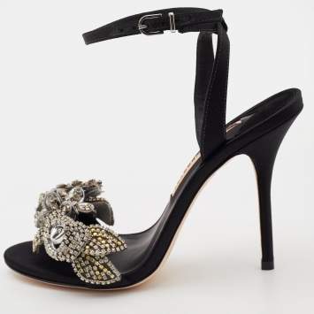 Pre Owned Sophia Webster Black Satin Lilico Floral Embellished Ankle Wrap Sandals Size 38