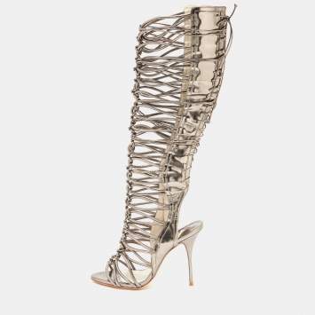Pre Owned Sophia Webster Meatllic Leather Clementine Lace-Up Knee High Gladiator Sandals Size 39