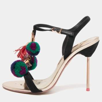 Pre Owned Sophia Webster Leather Layla Pom Pom Embellished T-Strap Sandals Size 39