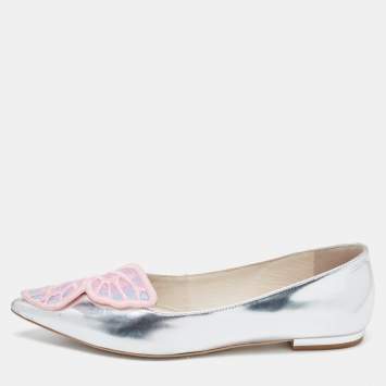 Pre Owned Sophia Webster Silver Leather Bibi Butterfly Ballet Flats Size 39.5