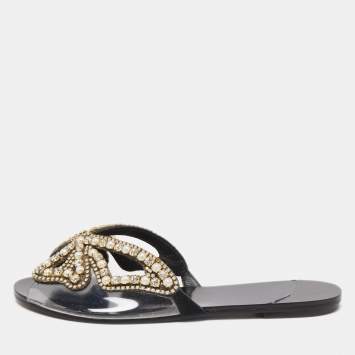 Pre Owned Sophia Webster Black Leather And PVC Madame Butterfly Flat Slide Size 37.5