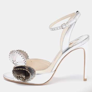 Pre Owned Sophia Webster Silver Foil Leather Lilico Floral Ankle Wrap Sandals Size 38.5