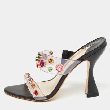 Pre Owned Sophia Webster Black PVC and Leather Dina Crystals Slide Sandals Size 37