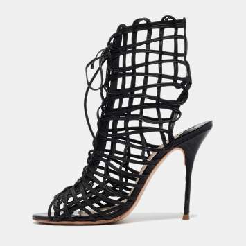 Pre Owned Sophia Webster Black Leather Delphine Peep Toe Cage Sandals Size 38