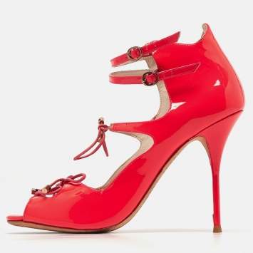 Pre Owned Sophia Webster Neon Pink Patent Leather Ankle Strap Sandals Size 39.5