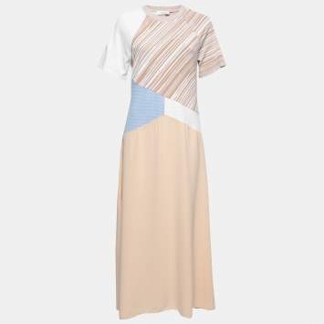 Pre Owned Sportmax Beige Multicolor Crepe & Patterned Knit Midi Dress L