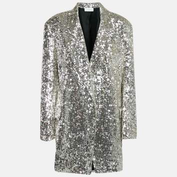 Pre Owned Sportmax Silver Sequin Crepe Open Front  Jacket L