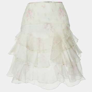Pre Owned Sportmax White Floral Print Organza Tiered Skirt L