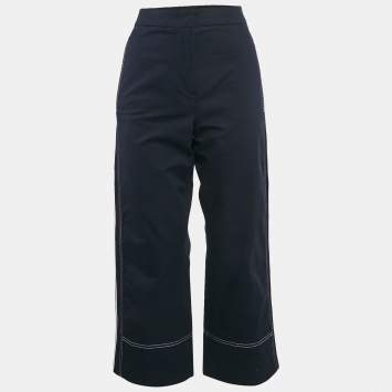 Pre Owned Sportmax Navy Blue Gabardine Cotton Contrast Trim Straight Leg Pants S
